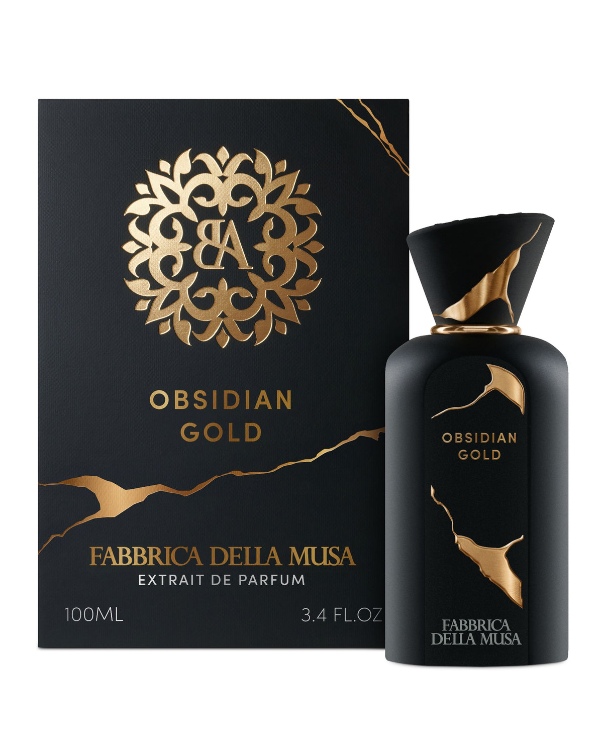 Obsidian Gold Extrait de Parfum 100ml bottle beside its black and gold Fabbrica della Musa presentation box