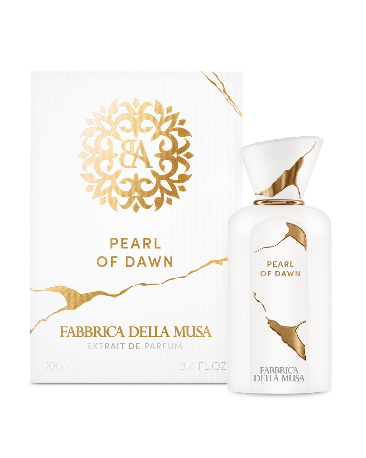 Pearl of Dawn Extrait de Parfum 100ml bottle beside its white and gold Fabbrica della Musa presentation box